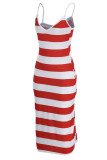 Red Casual Striped Print Patchwork Spaghetti Strap Straight Dresses