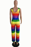 Colour Casual Striped Print Patchwork U Neck Straight Jumpsuits