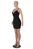 Blue Fashion Sexy Solid Patchwork Backless V Neck Sling Dress