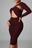 Burgundy Fashion Sexy Solid Hollowed Out Backless Oblique Collar Long Sleeve Dresses