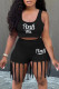 Black Sexy Print Tassel Patchwork U Neck Sleeveless Two Pieces