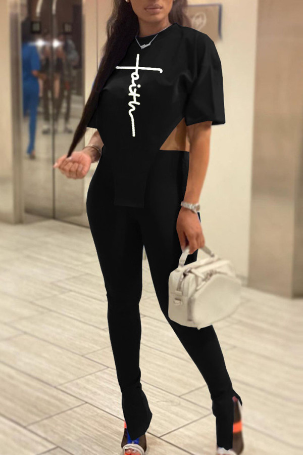 Black Sexy Print Patchwork Asymmetrical O Neck Short Sleeve Two Pieces