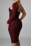 Burgundy Fashion Sexy Solid Hollowed Out Backless Oblique Collar Long Sleeve Dresses