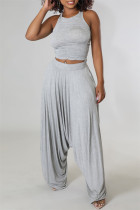 Grey Fashion Casual Solid Backless Fold Spaghetti Strap Sleeveless Two Pieces