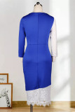 Blue Fashion Sexy Patchwork Lace Hollowed Out O Neck Long Sleeve Dresses
