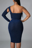 Burgundy Fashion Sexy Solid Hollowed Out Backless Oblique Collar Long Sleeve Dresses
