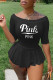 Black Casual Print Patchwork O Neck Half Sleeve Two Pieces