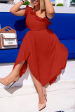 Red Sexy Solid Patchwork Stringy Selvedge Oblique Collar Irregular Dress Dresses