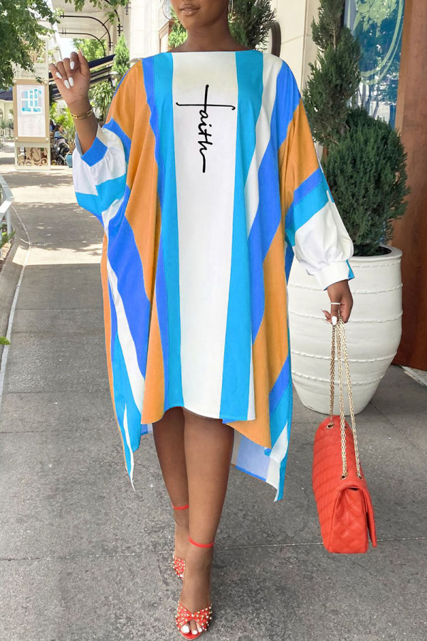 Royal Blue Fashion Casual Striped Print Asymmetrical O Neck Irregular Dress
