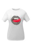 White Fashion Street Leopard Lips Printed Patchwork O Neck T-Shirts