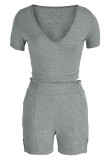 Grey Fashion Casual Solid Bandage V Neck Short Sleeve Two Pieces