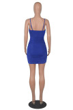 Blue Fashion Sexy Solid Patchwork Backless V Neck Sling Dress