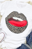White Fashion Street Leopard Lips Printed Patchwork O Neck T-Shirts