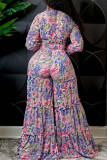 Blue Pink Sweet Vacation Print Bandage Patchwork Stringy Selvedge V Neck Long Sleeve Two Pieces