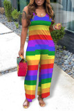 Colour Casual Striped Print Patchwork U Neck Straight Jumpsuits