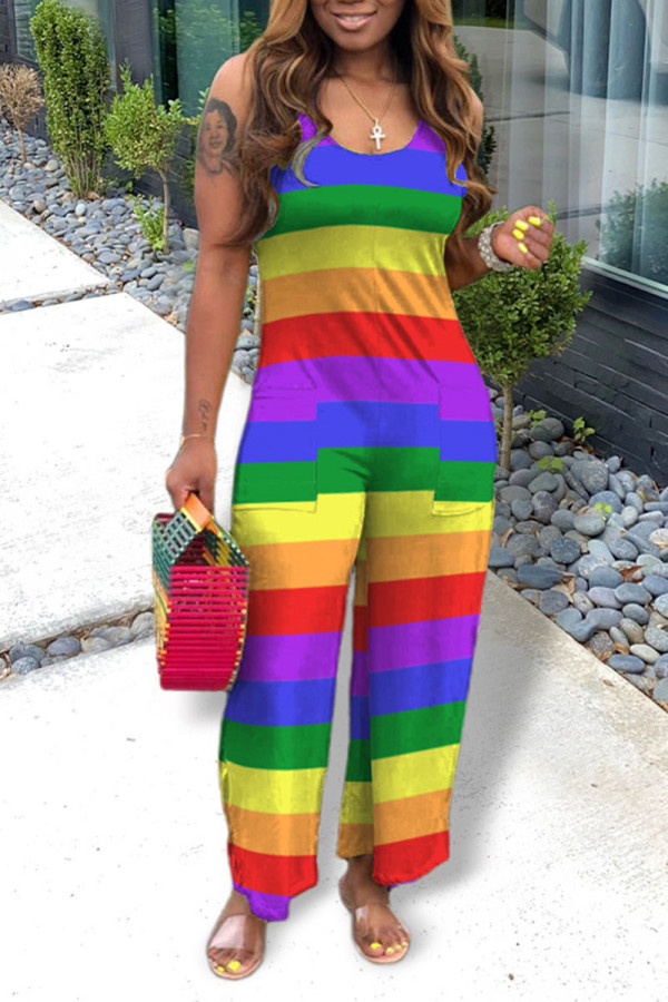 Colour Casual Striped Print Patchwork U Neck Straight Jumpsuits