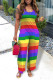 Colour Casual Striped Print Patchwork U Neck Straight Jumpsuits