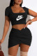 Black Fashion Casual Print Letter Square Collar Short Sleeve Two Pieces