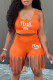 Tangerine Red Sexy Print Tassel Patchwork U Neck Sleeveless Two Pieces