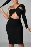 Burgundy Fashion Sexy Solid Hollowed Out Backless Oblique Collar Long Sleeve Dresses