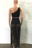 Black Sexy Solid Tassel Patchwork Oblique Collar Two Pieces
