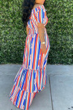 Orange Blue Casual Sweet Striped Print Patchwork Off the Shoulder Dresses