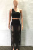 Rose Red Sexy Solid Tassel Patchwork Oblique Collar Two Pieces