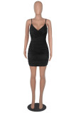 Blue Fashion Sexy Solid Patchwork Backless V Neck Sling Dress