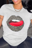 White Fashion Street Leopard Lips Printed Patchwork O Neck T-Shirts