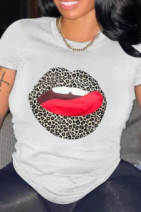 White Fashion Street Leopard Lips Printed Patchwork O Neck T-Shirts
