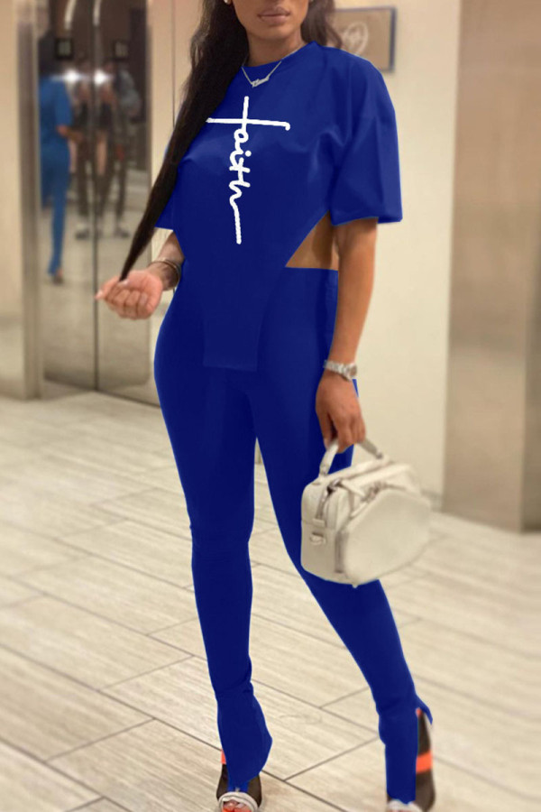 Blue Sexy Print Patchwork Asymmetrical O Neck Short Sleeve Two Pieces