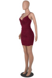 Blue Fashion Sexy Solid Patchwork Backless V Neck Sling Dress