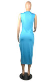 Light Blue Fashion Casual adult Pink Orange Yellow Light Blue Off The Shoulder Sleeveless O neck A-Line Mid-Calf Patchwork Solid split Dresses