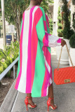Rose Red Fashion Casual Striped Print Asymmetrical O Neck Irregular Dress