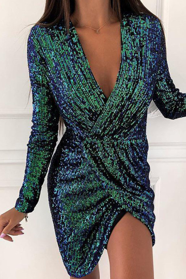 Green Casual Solid Patchwork Asymmetrical V Neck Dresses