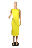 Yellow Fashion Casual adult Pink Orange Yellow Light Blue Off The Shoulder Sleeveless O neck A-Line Mid-Calf Patchwork Solid split Dresses