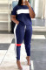 Deep Blue Fashion Casual Striped Patchwork O Neck Short Sleeve Two Pieces