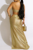 Gold Fashion Sexy Solid Patchwork Backless Strapless Sleeveless Three-piece Set