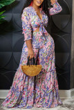 Blue Pink Sweet Vacation Print Bandage Patchwork Stringy Selvedge V Neck Long Sleeve Two Pieces