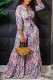 Blue Pink Sweet Vacation Print Bandage Patchwork Stringy Selvedge V Neck Long Sleeve Two Pieces