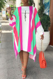 Rose Red Fashion Casual Striped Print Asymmetrical O Neck Irregular Dress
