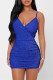 Blue Fashion Sexy Solid Patchwork Backless V Neck Sling Dress