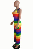 Colour Casual Striped Print Patchwork U Neck Straight Jumpsuits