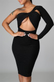 Burgundy Fashion Sexy Solid Hollowed Out Backless Oblique Collar Long Sleeve Dresses