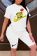 White Casual Print Patchwork O Neck Half Sleeve Two Pieces