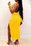 Pink Sexy Solid Hollowed Out Patchwork Slit Fold Halter Straight Dresses