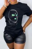Black Fashion Street Print Patchwork O Neck T-Shirts