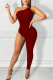 Burgundy Sexy Solid Patchwork Asymmetrical Oblique Collar Skinny Jumpsuits