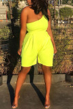Yellow Casual Solid Patchwork Oblique Collar Straight Rompers