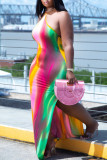 Colour Fashion Sexy Print Bandage Backless Slit Halter Long Dress